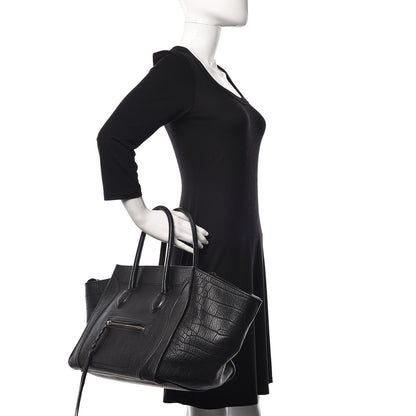 Celine Crocodile Embossed Calfskin Medium Phantom Luggage Black 2 of 19