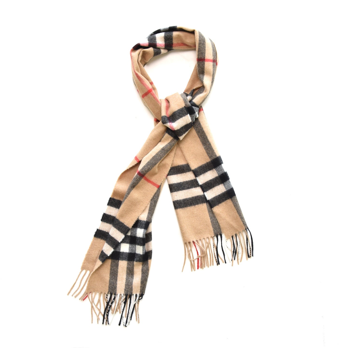 Cashmere Giant Check Fringe Scarf Camel