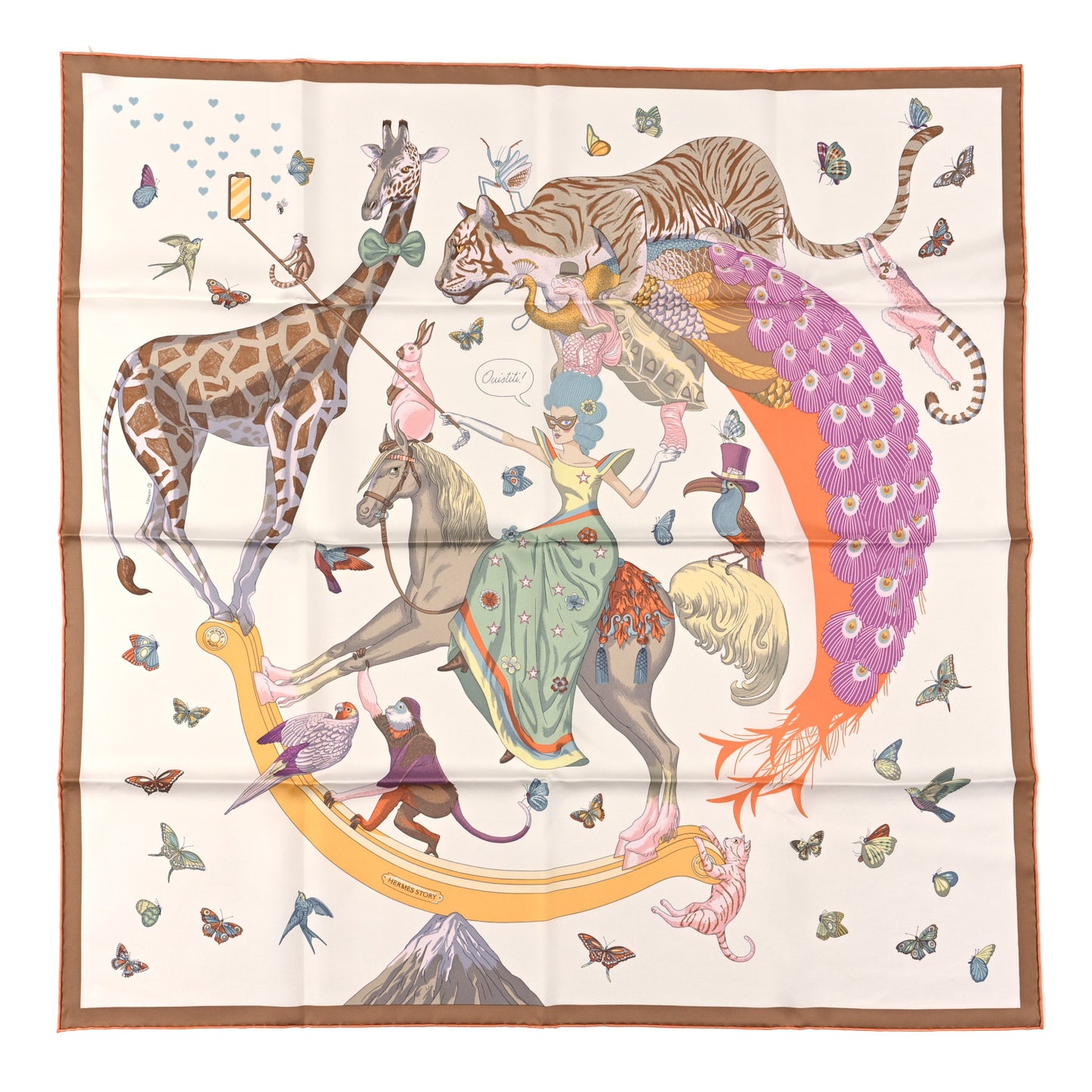 Silk Hermes Story Scarf 90 White Beige Multicolor