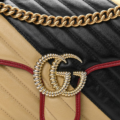Gucci Vintage Effect Calfskin Matelasse Diagonal Striped Small Torchon GG Marmont Shoulder Bag Black Beige 8 of 10