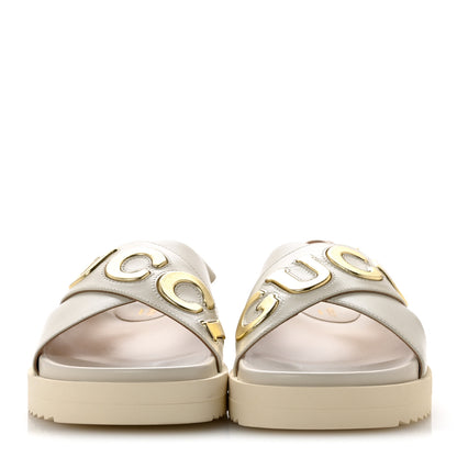 Gucci Calfskin Elizabeth Nappa Charlotte Logo Slingback Sandals 35 Mystic White Platino 3 of 11