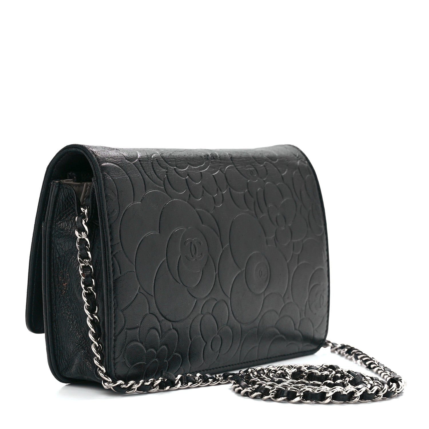 Chanel Lambskin Camellia Embossed Wallet on Chain WOC Black 2 of 10