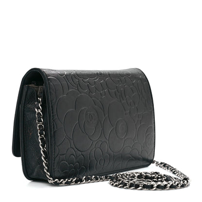 Chanel Lambskin Camellia Embossed Wallet on Chain WOC Black 2 of 10