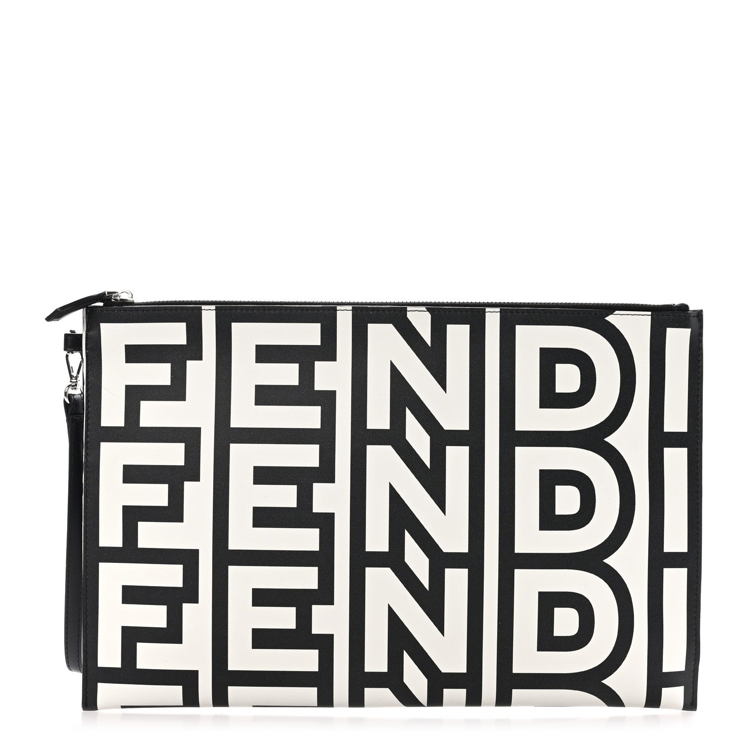Fendi X MARC JACOBS Nappa Vitello King Logo Print Large Flat Pouch Black White 1 of 8