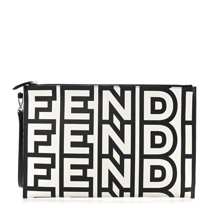 Fendi X MARC JACOBS Nappa Vitello King Logo Print Large Flat Pouch Black White 1 of 8