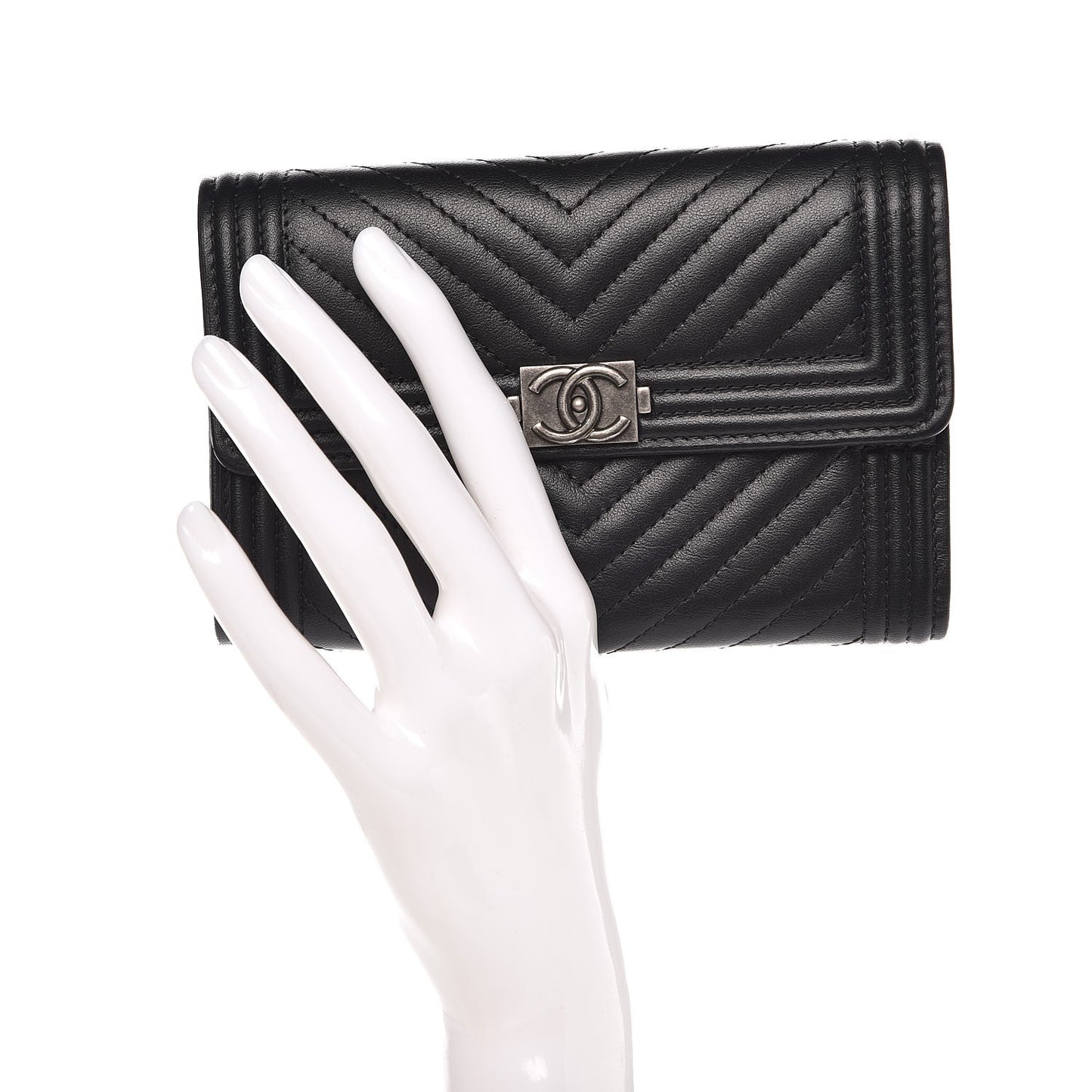 Calfskin Chevron Quilted Medium Boy Flap Wallet Black