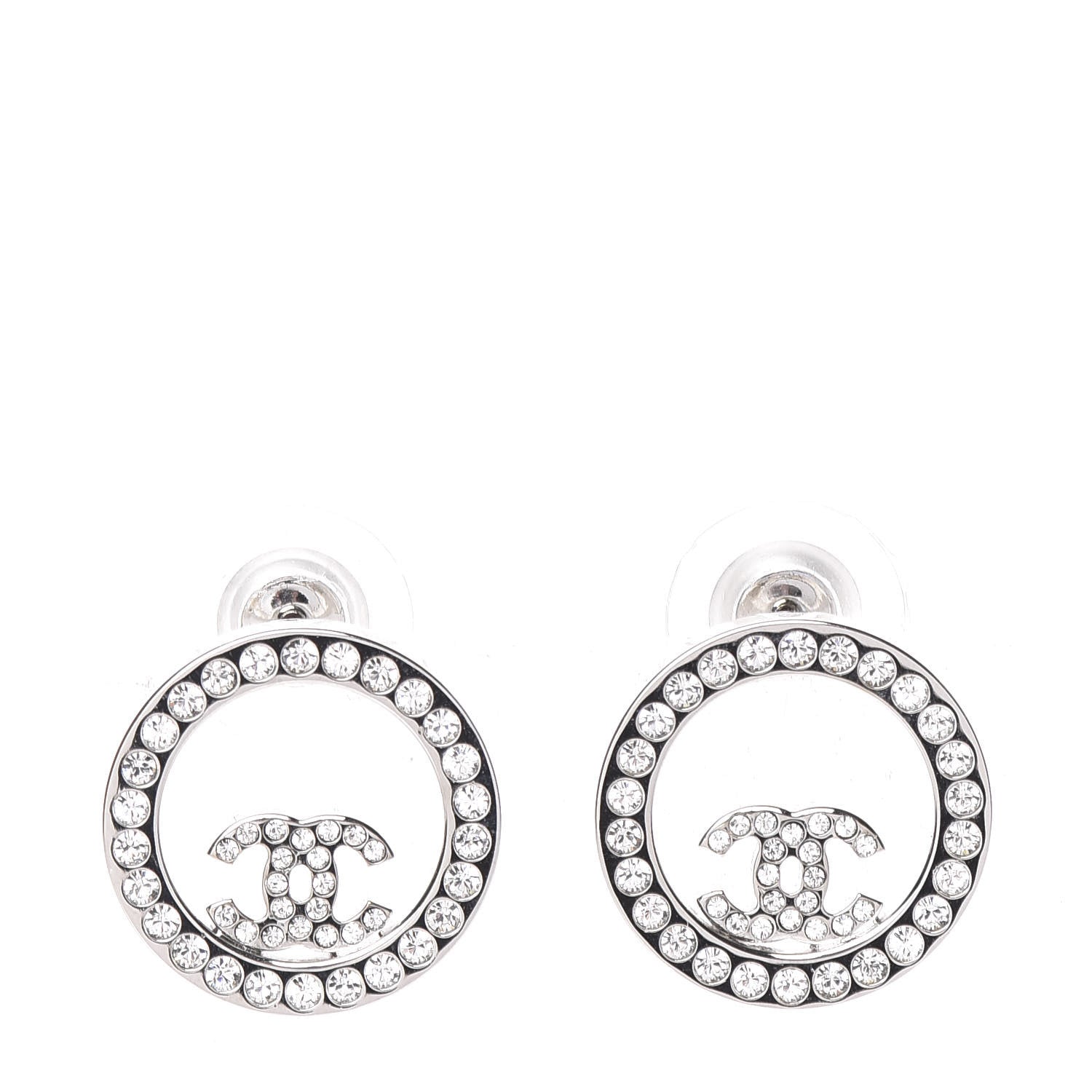 Chanel Crystal CC Round Earrings Silver 1 of 5