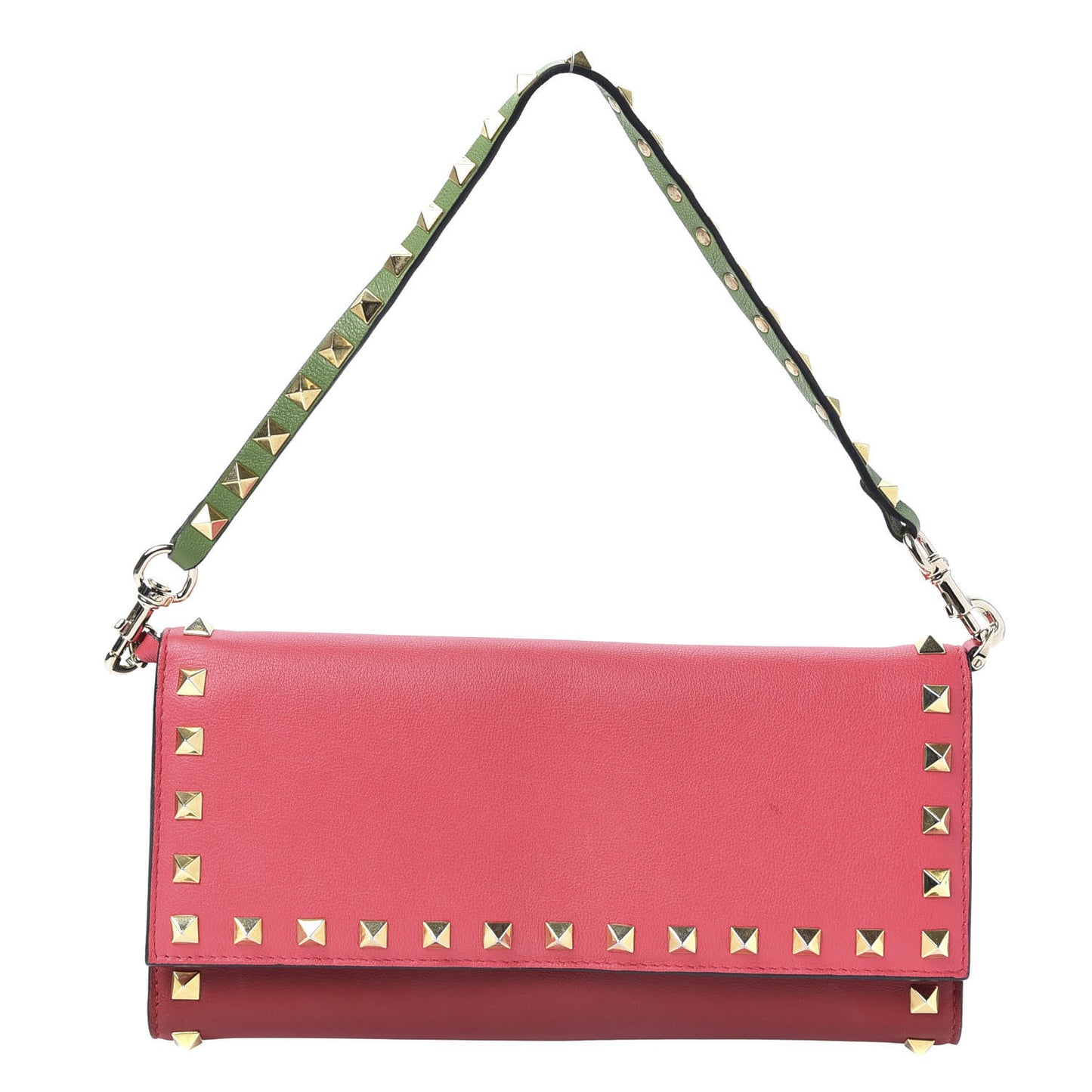 Vitello Colorblock Rockstud Wallet On Strap Deep Rose Green Grey Scarlet