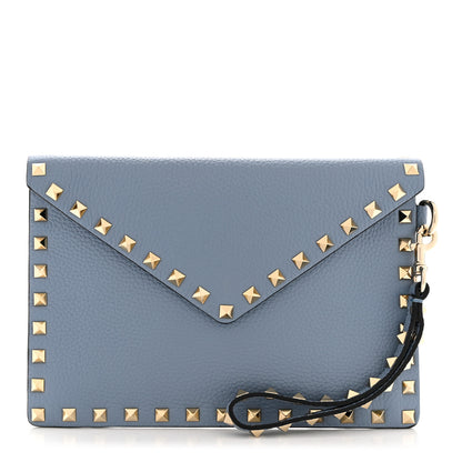 Valentino Garavani Pebbled Calfskin Medium Rockstud Envelope Flat Wristlet Pouch Atlantique 1 of 6