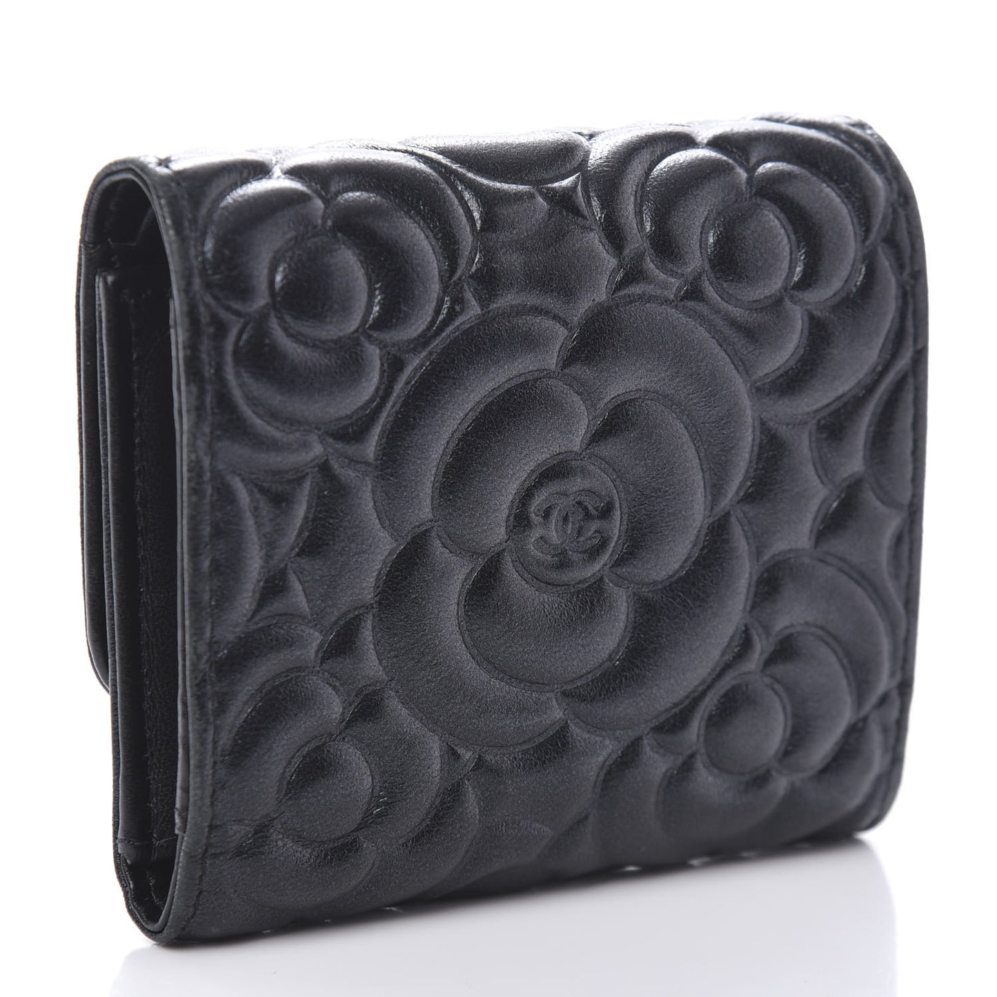 Goatskin Camellia Embossed Compact Wallet Black