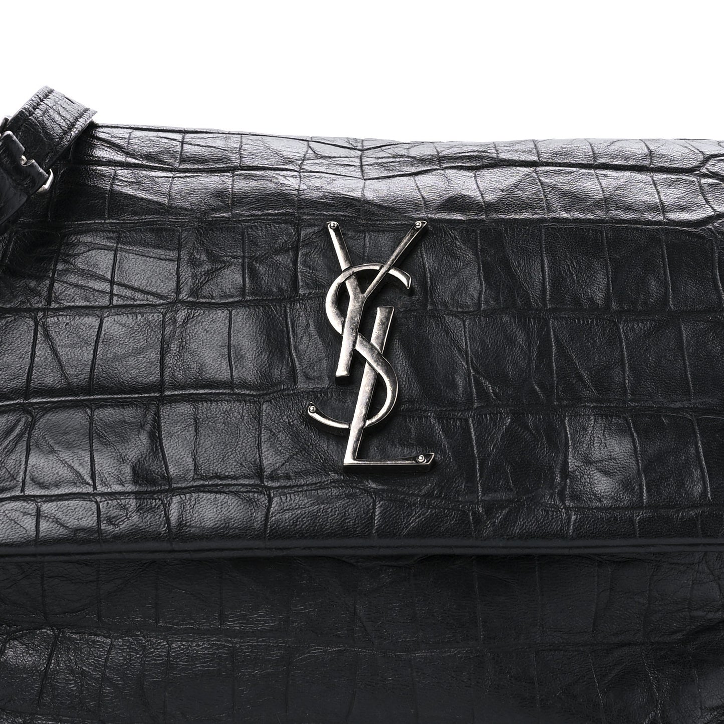 Calfskin Crocodile Embossed Medium West Hollywood Monogram Fold-Over Black