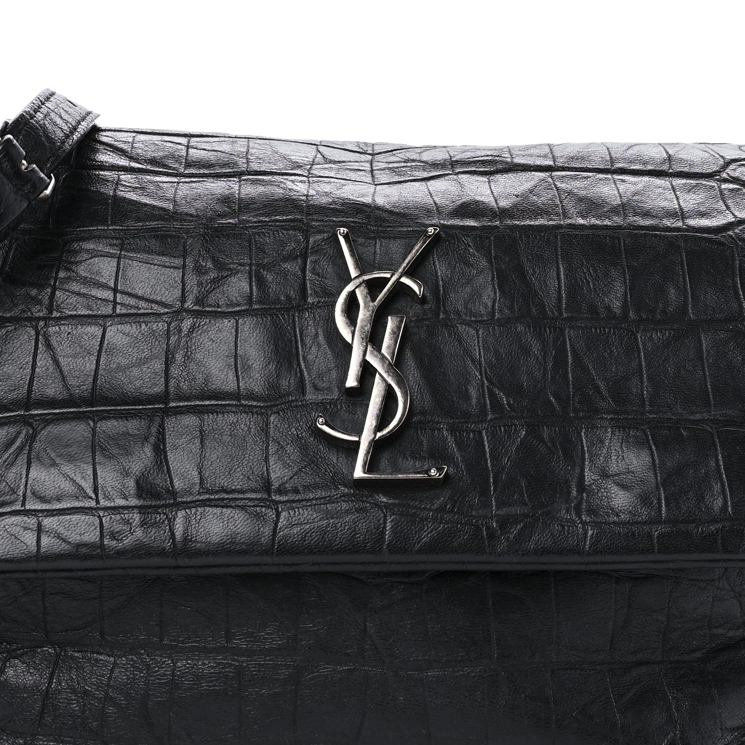 Saint Laurent Calfskin Crocodile Embossed Medium West Hollywood Monogram Fold-Over Black 8 of 9