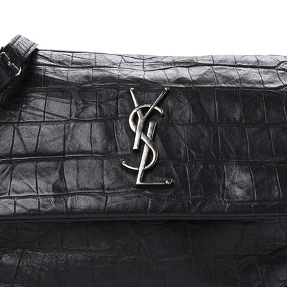Saint Laurent Calfskin Crocodile Embossed Medium West Hollywood Monogram Fold-Over Black 8 of 9