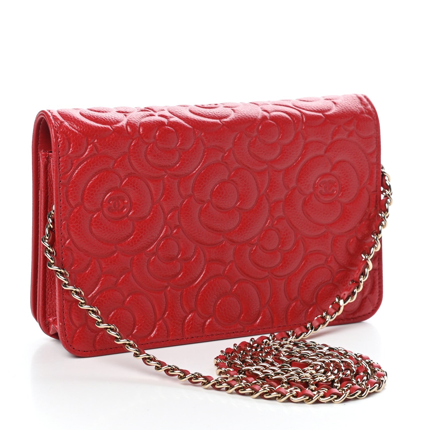 Chanel Caviar Camellia Embossed Wallet On Chain WOC Red 3 of 11