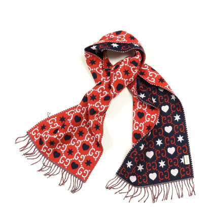 Gucci Wool Jacquard GG Monogram Hearts Scarf Red Blue 1 of 4
