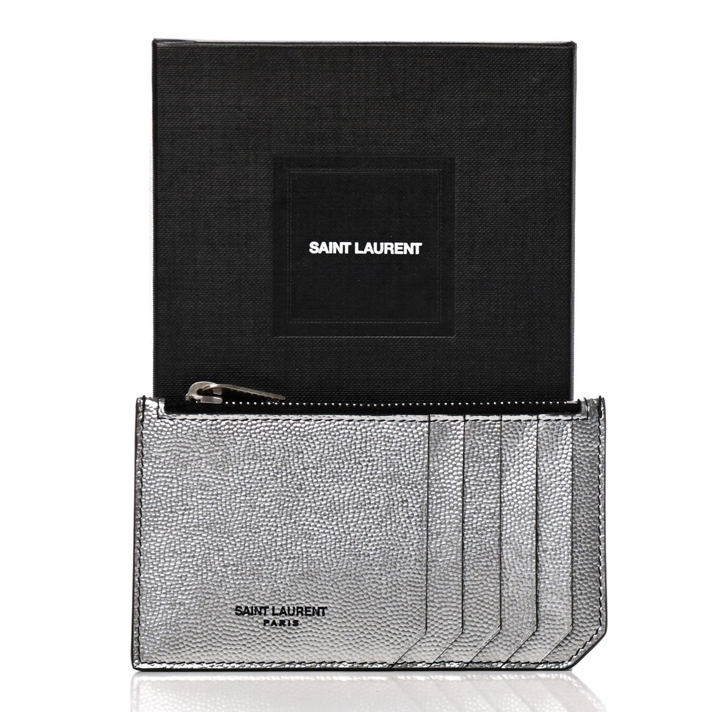 Grained Calfskin 5 Fragments Zip Pouch Card Holder Silver