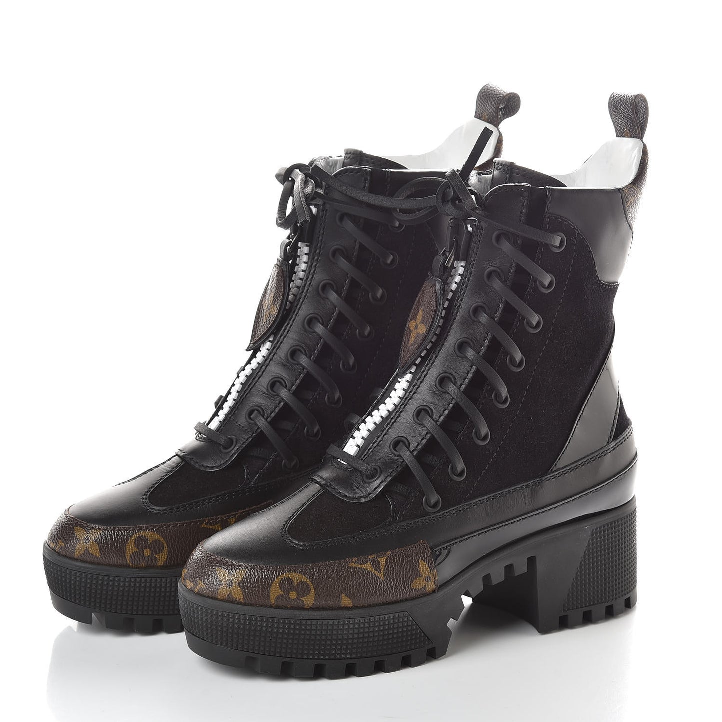 Suede Calfskin Monogram Zip Up Laureate Platform Desert Boots 35 Black