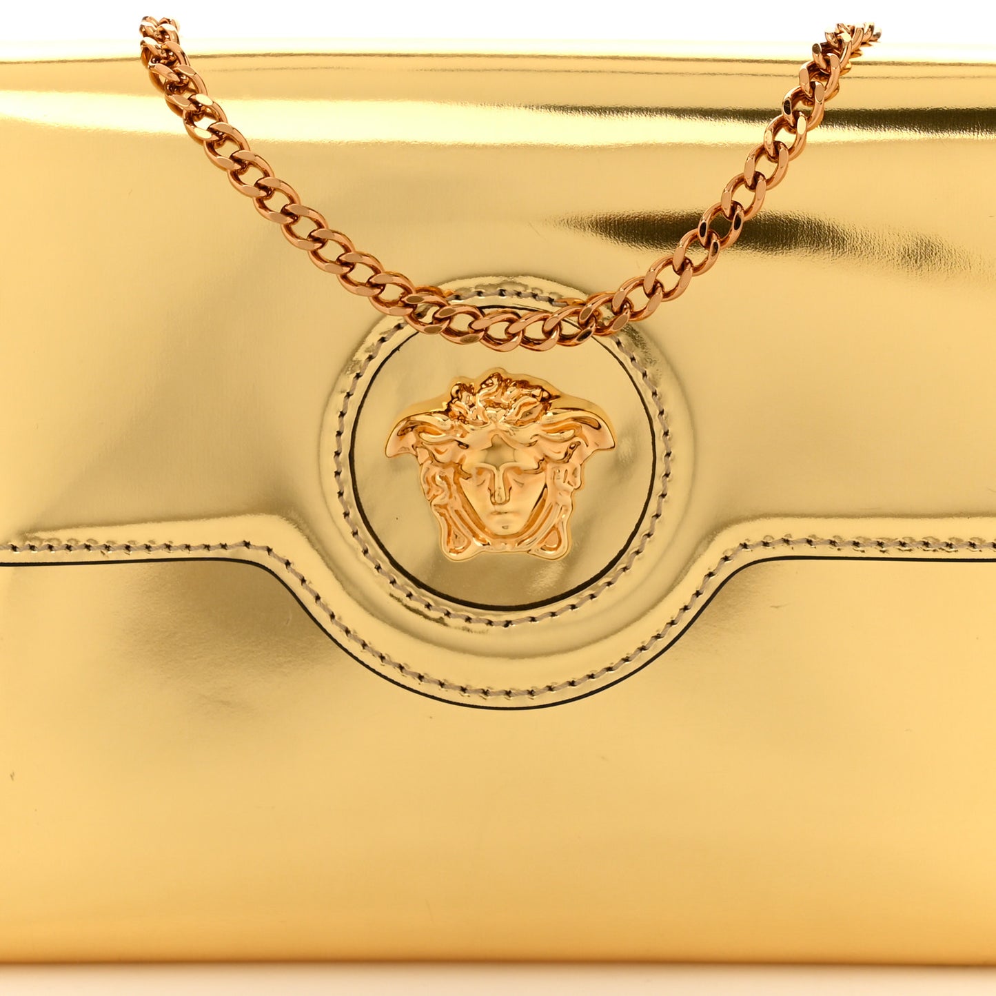 Patent Metallic La Medusa Pouch On Chain Gold