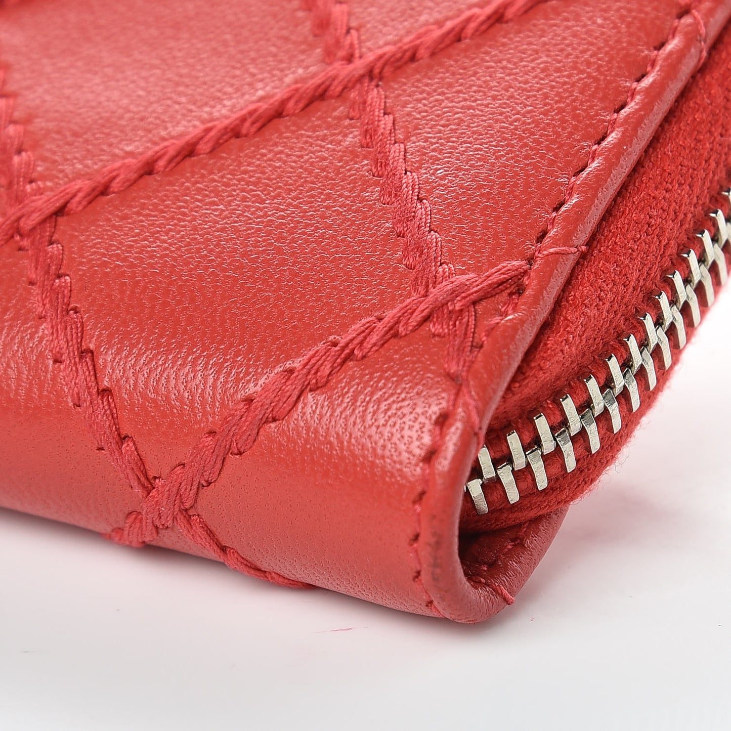 Lambskin Double Stitch Zip Coin Purse Coral Pink