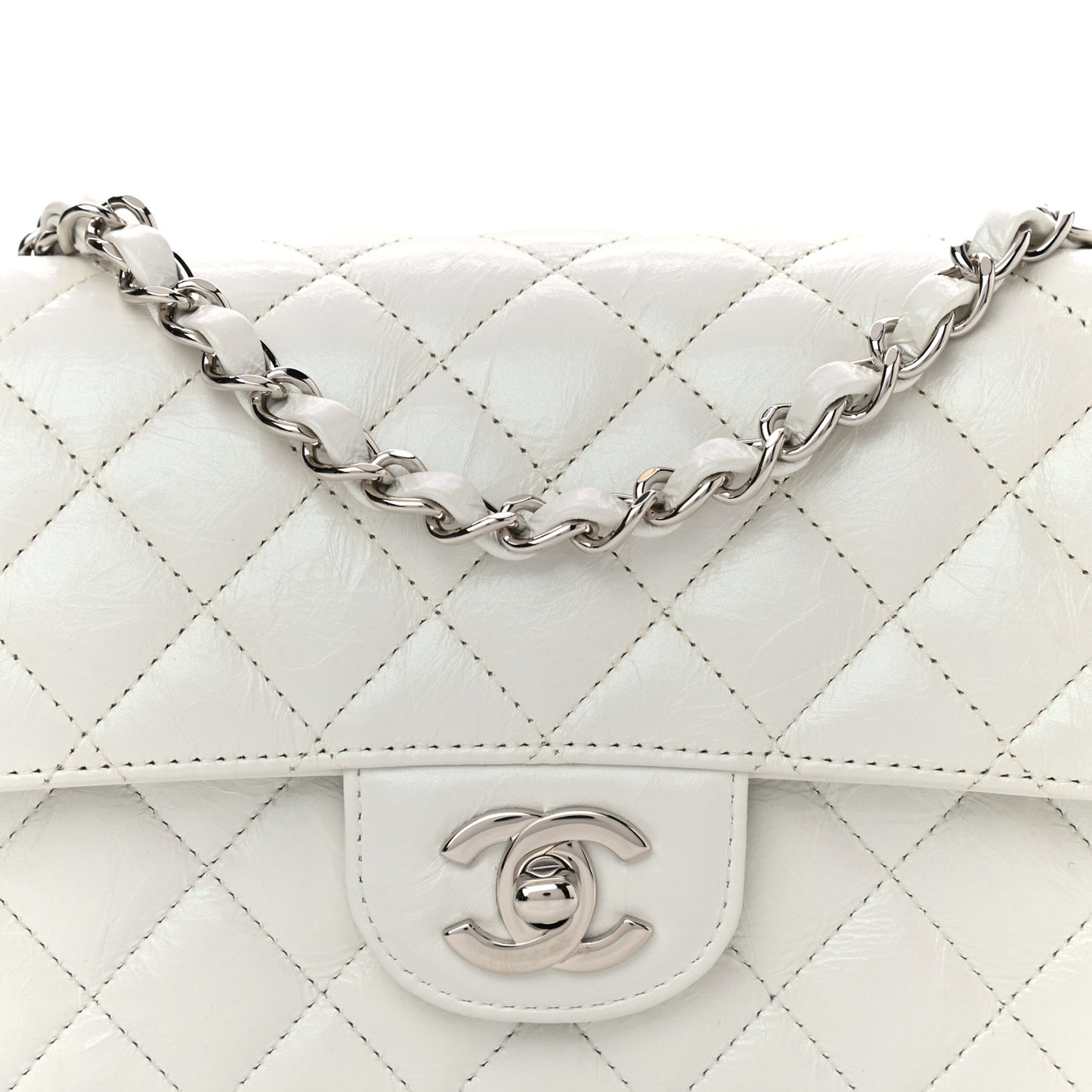Iridescent Crumpled Calfskin Quilted Mini Rectangular Flap White