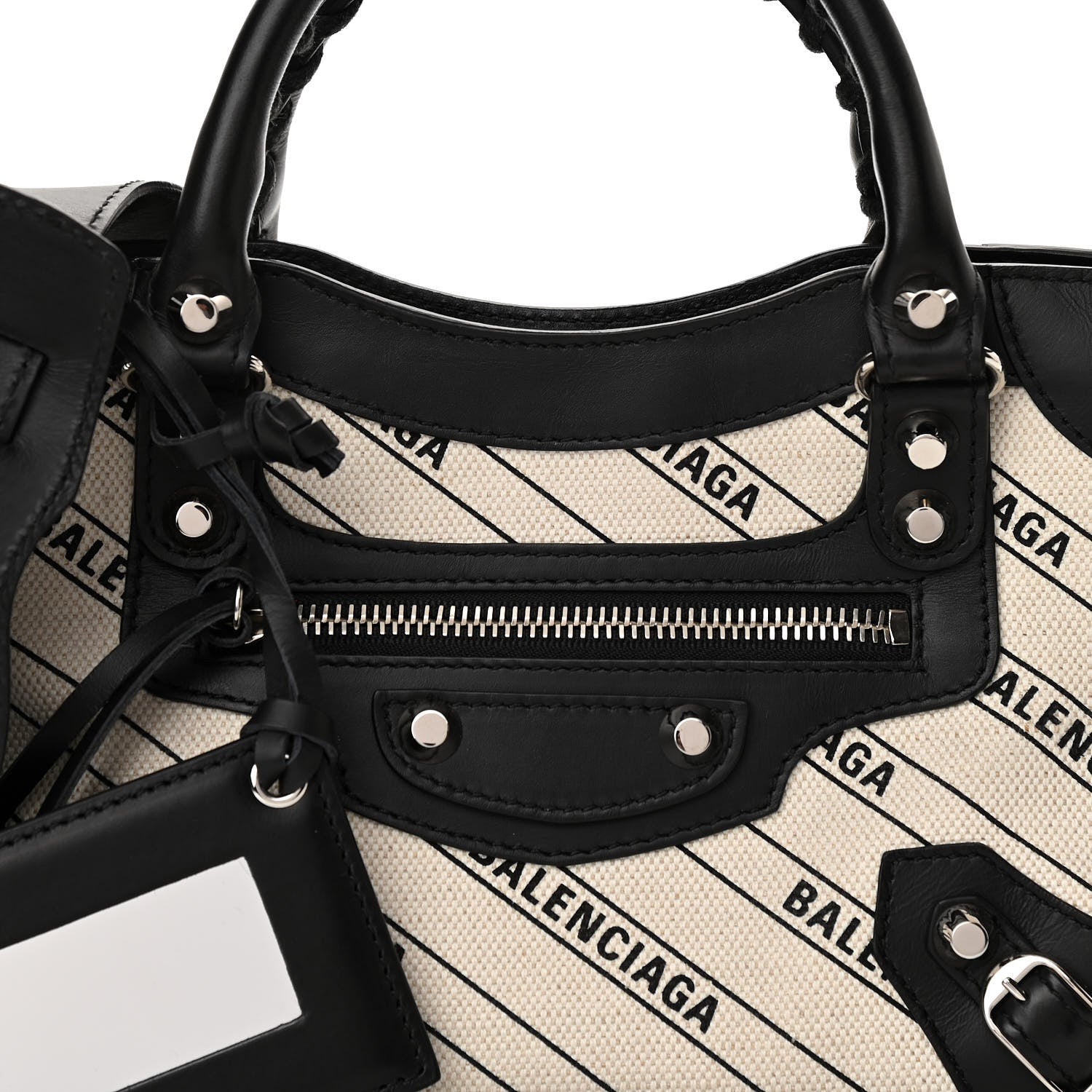 Balenciaga Canvas Satin Calfskin Diagonal Allover Logo Print Classic Silver Hardware Mini City Natural Black 7 of 11