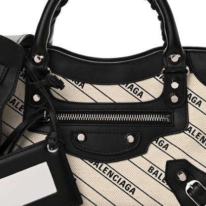 Balenciaga Canvas Satin Calfskin Diagonal Allover Logo Print Classic Silver Hardware Mini City Natural Black 7 of 11