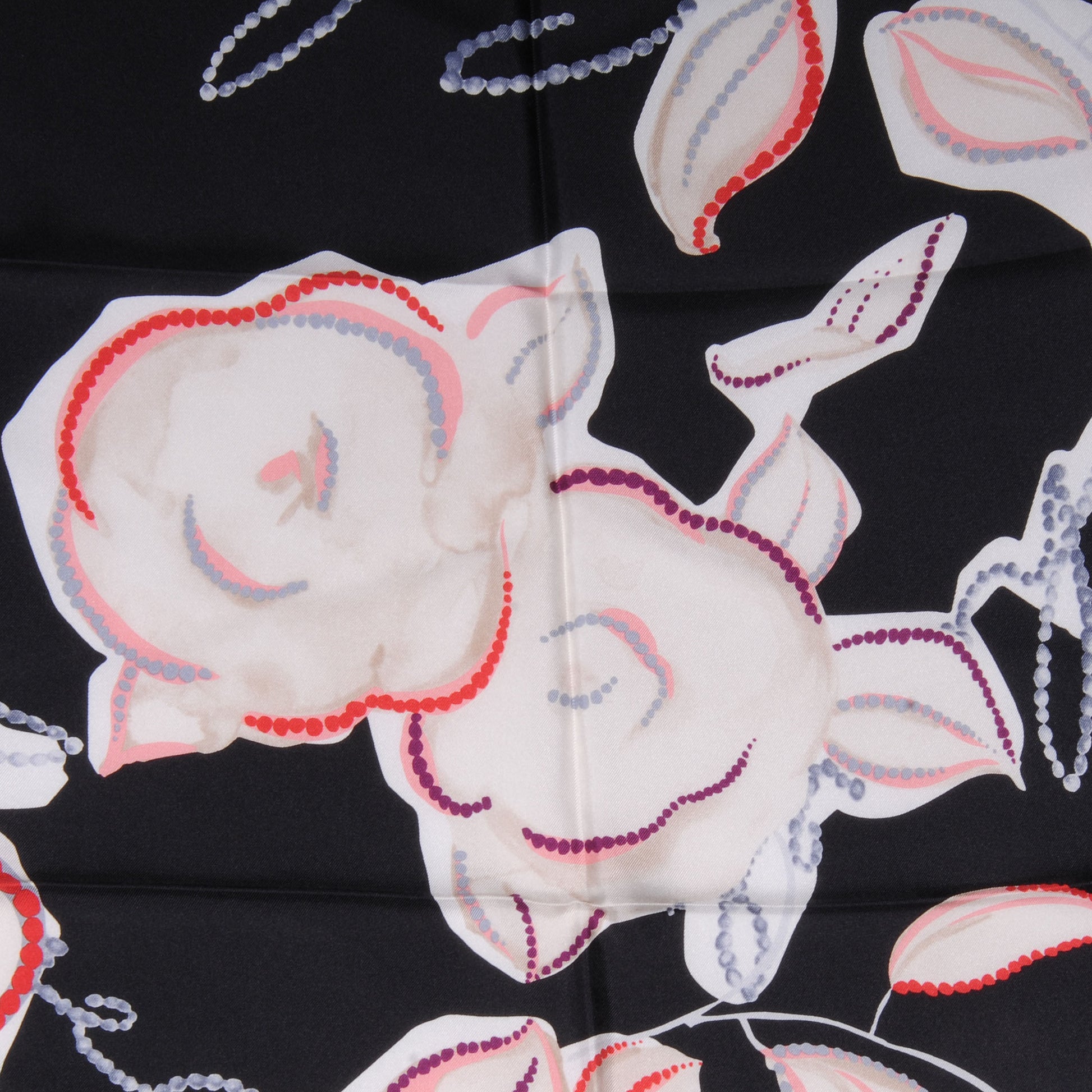 Chanel Silk Pearl Camellia CC Square Scarf Black 1 of 5