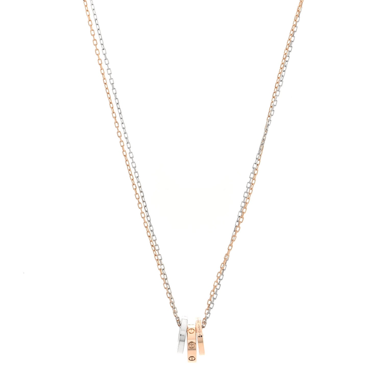Cartier 18K White Pink Gold Diamond Three Ring LOVE Pendant Necklace 1 of 5