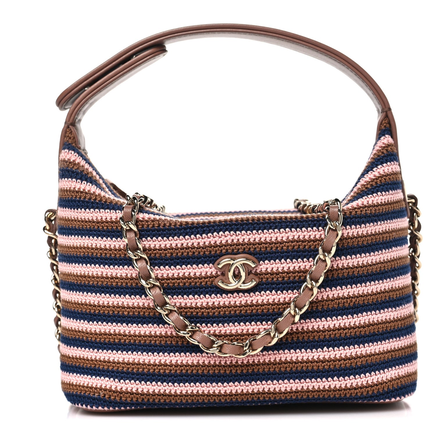 Chanel Crochet Lambskin Coco Crochet Hobo Clutch With Chain Brown Pink Navy 1 of 12