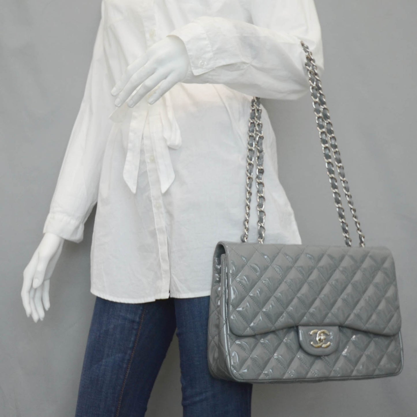 Patent Quilted Jumbo Flap Bag Grey