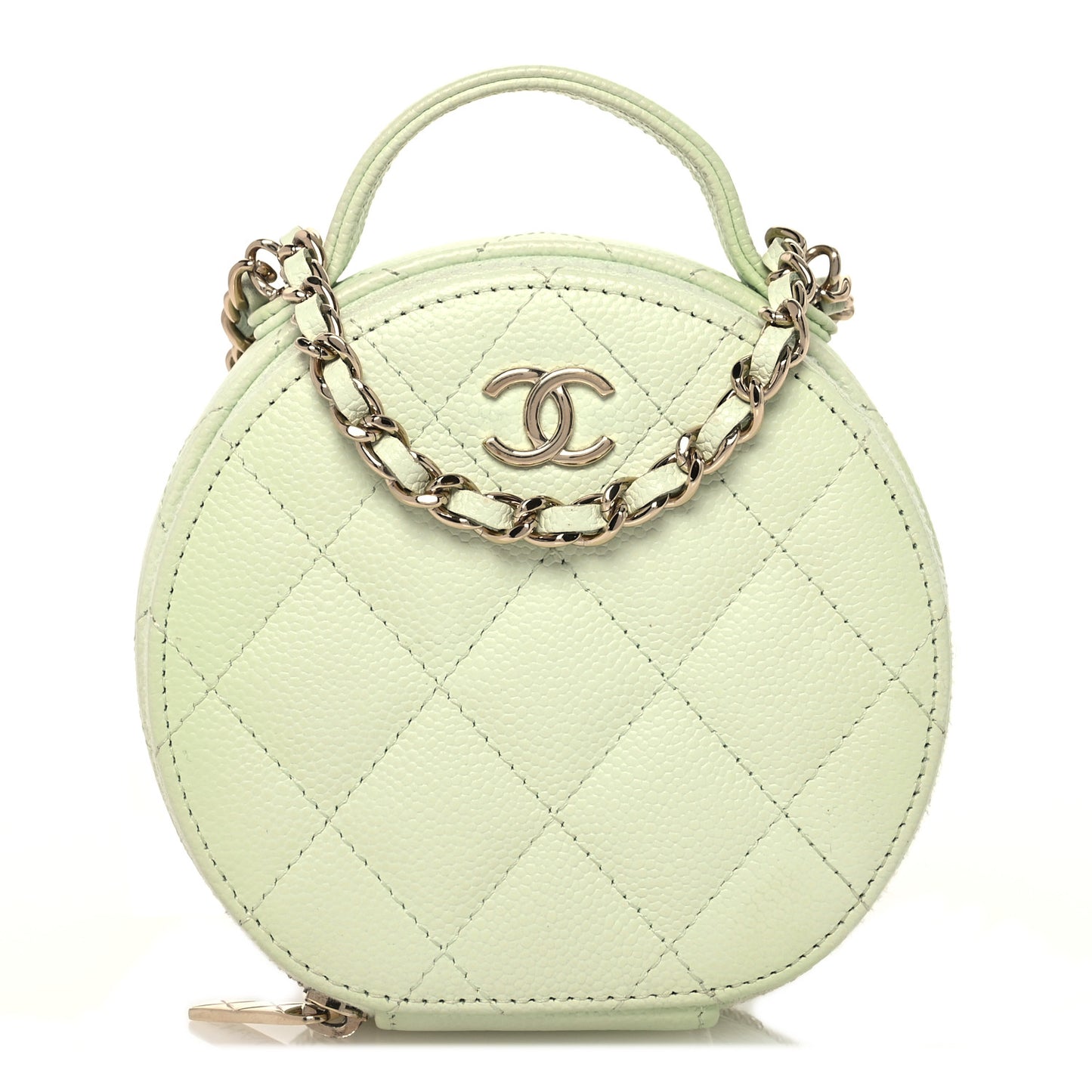 Caviar Quilted Round Handle With Care Vanity With Chain Light Green