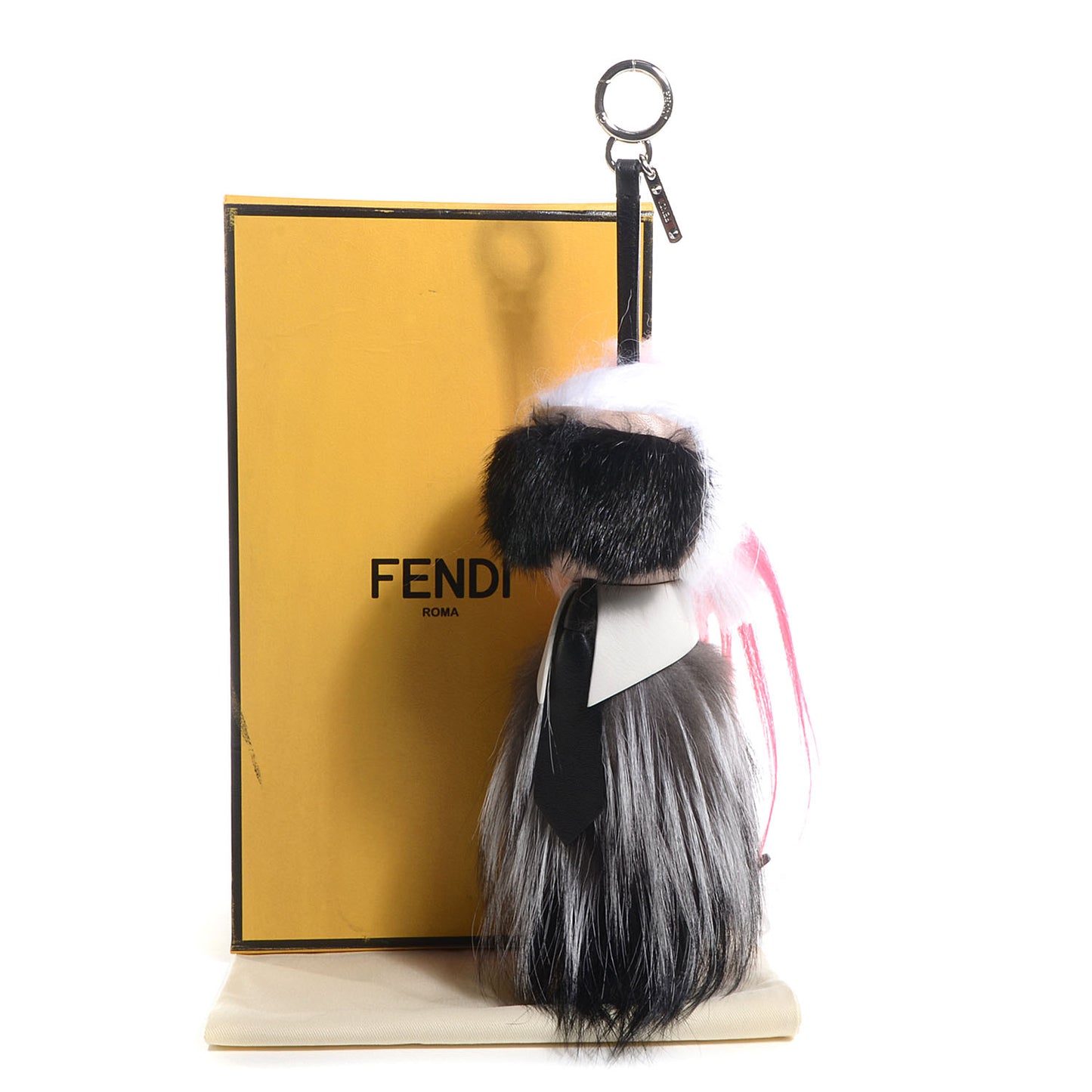 Fox Mink Goat Fur Nappa Karlito Bag Charm Black White Rosa