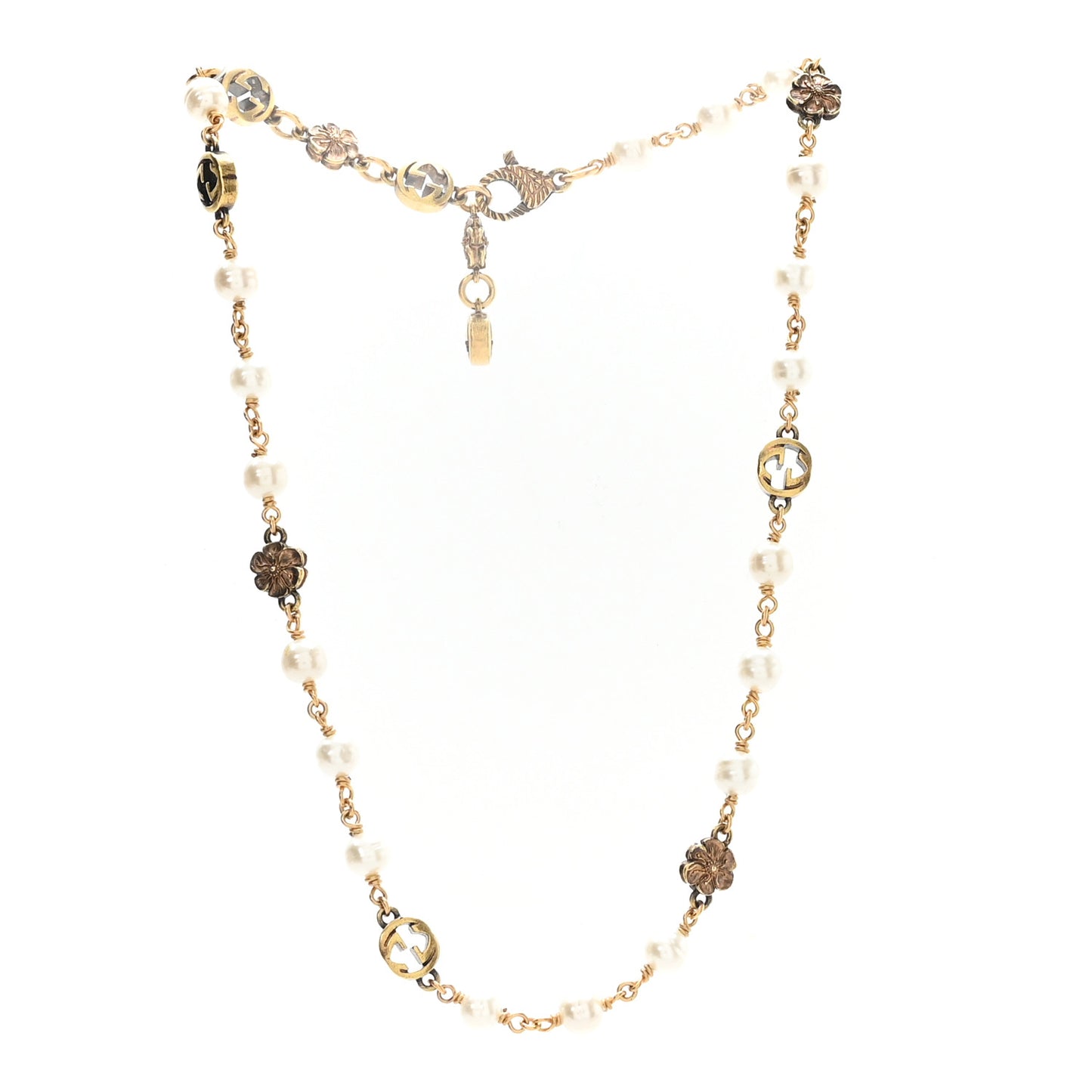 Metal Pearl Interlocking G Flower Necklace Gold