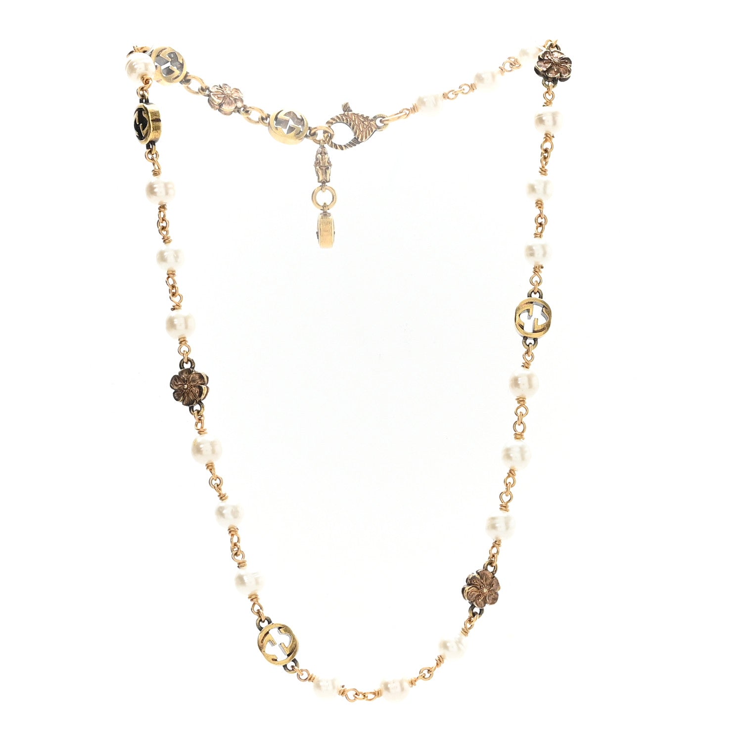 Gucci Metal Pearl Interlocking G Flower Necklace Gold 3 of 5