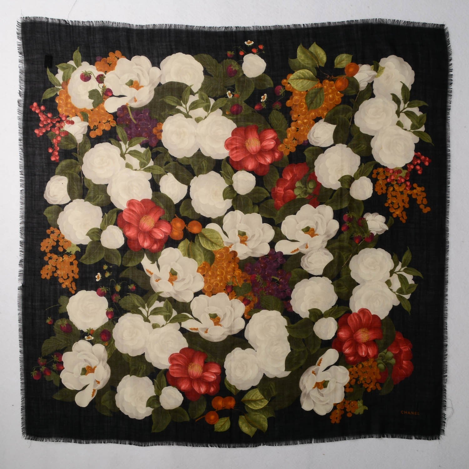 Chanel Silk Cashmere Camellia Flower Scarf Black 2 of 5