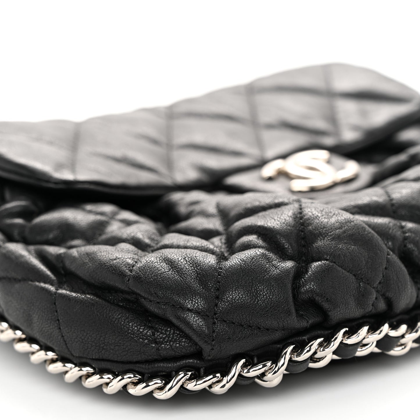 Washed Lambskin Quilted Medium Chain Around Flap Black