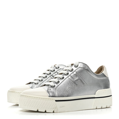 Hermes Metallic Epsom Womens Voltage Sneakers 37.5 Gris Argente Vieilli White 3 of 12