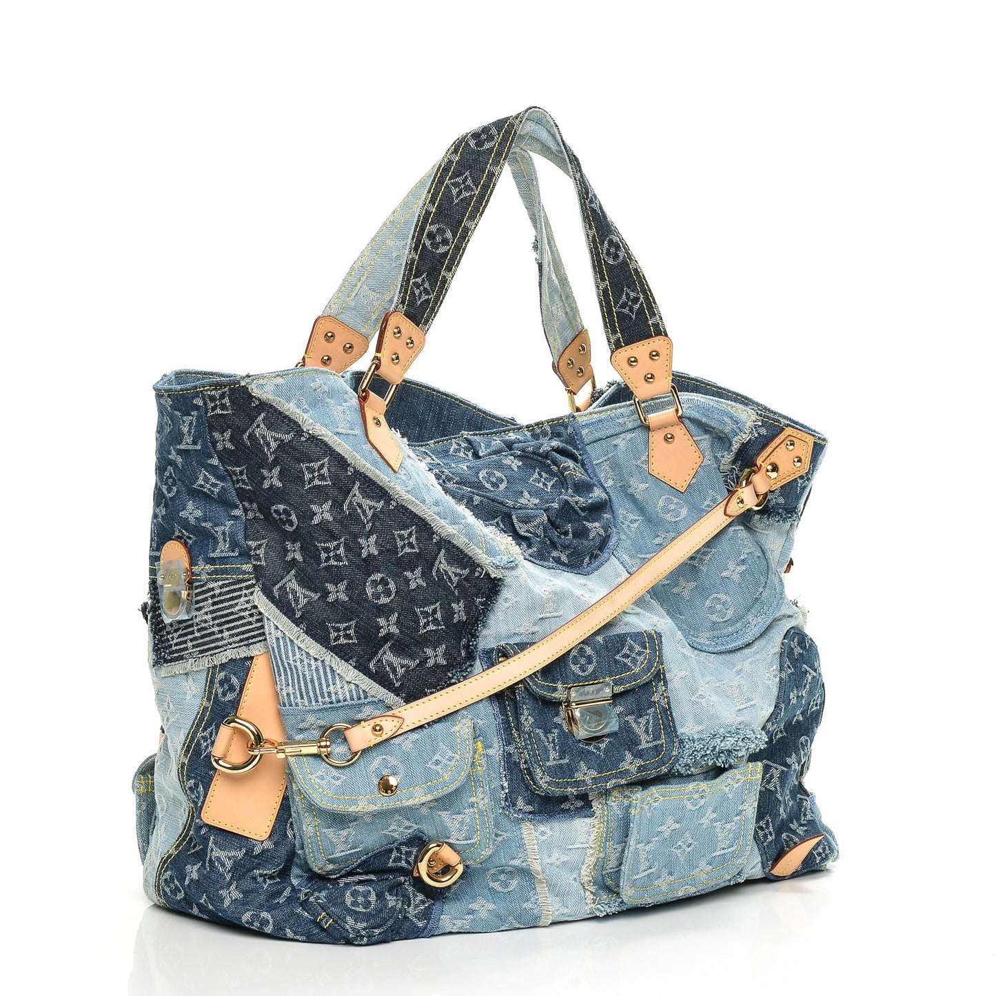 Denim Patchwork Cabby Tote Blue