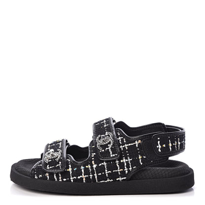 Chanel Tweed Lambskin Sandals 37 Black Multicolor 1 of 8