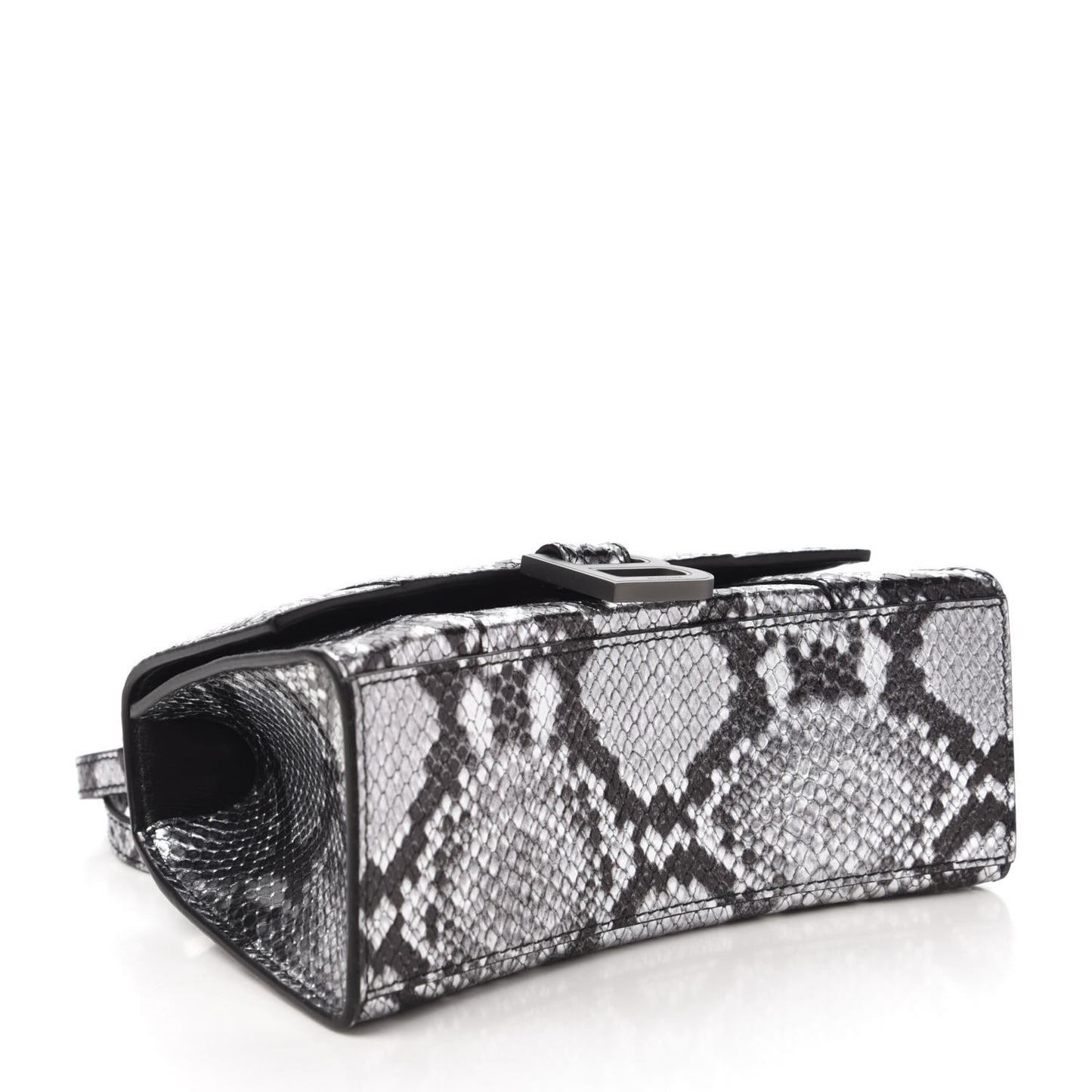 Shiny Calfskin Snakeskin Embossed Hourglass Top Handle Bag XS Silver Black