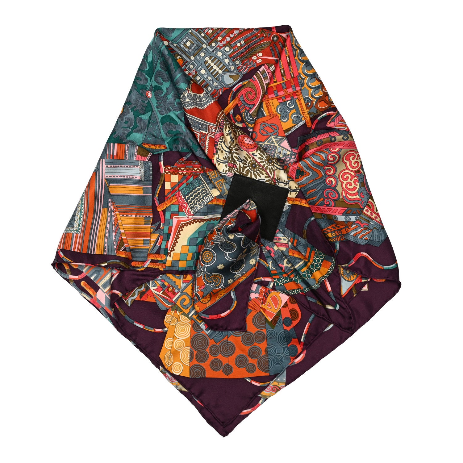 Hermes Silk Voyage En Etoffes Scarf 90 Aubergine Jaune D Or Vert 4 of 4