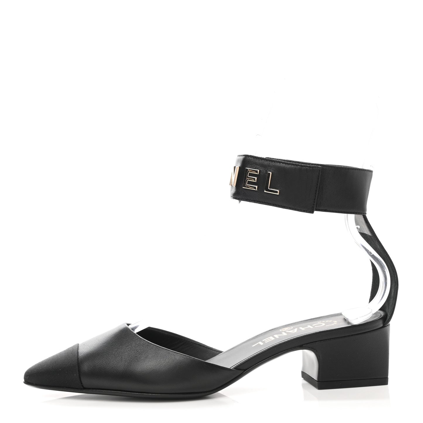 Lambskin Grosgrain Cap Toe Logo Ankle Strap Pumps 39 Black