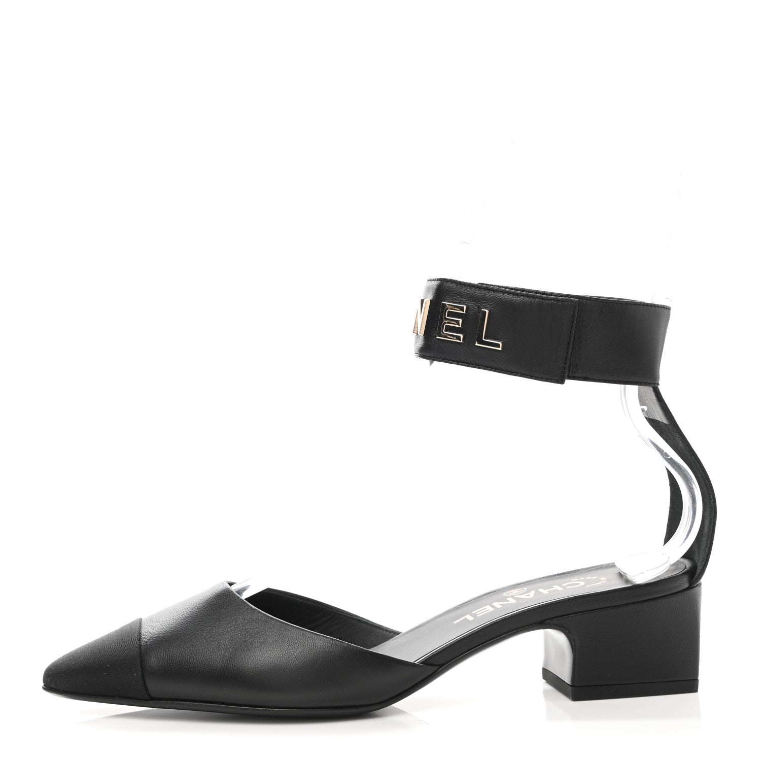 Chanel Lambskin Grosgrain Cap Toe Logo Ankle Strap Pumps 39 Black 1 of 9