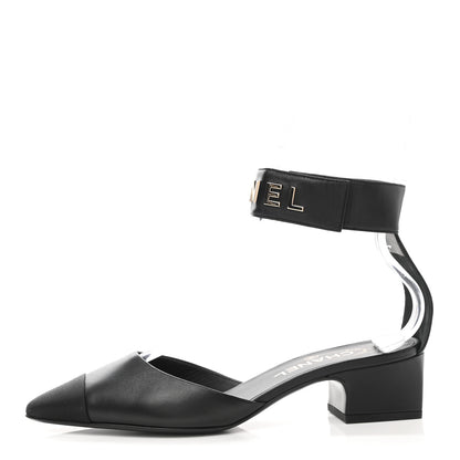 Chanel Lambskin Grosgrain Cap Toe Logo Ankle Strap Pumps 39 Black 1 of 9
