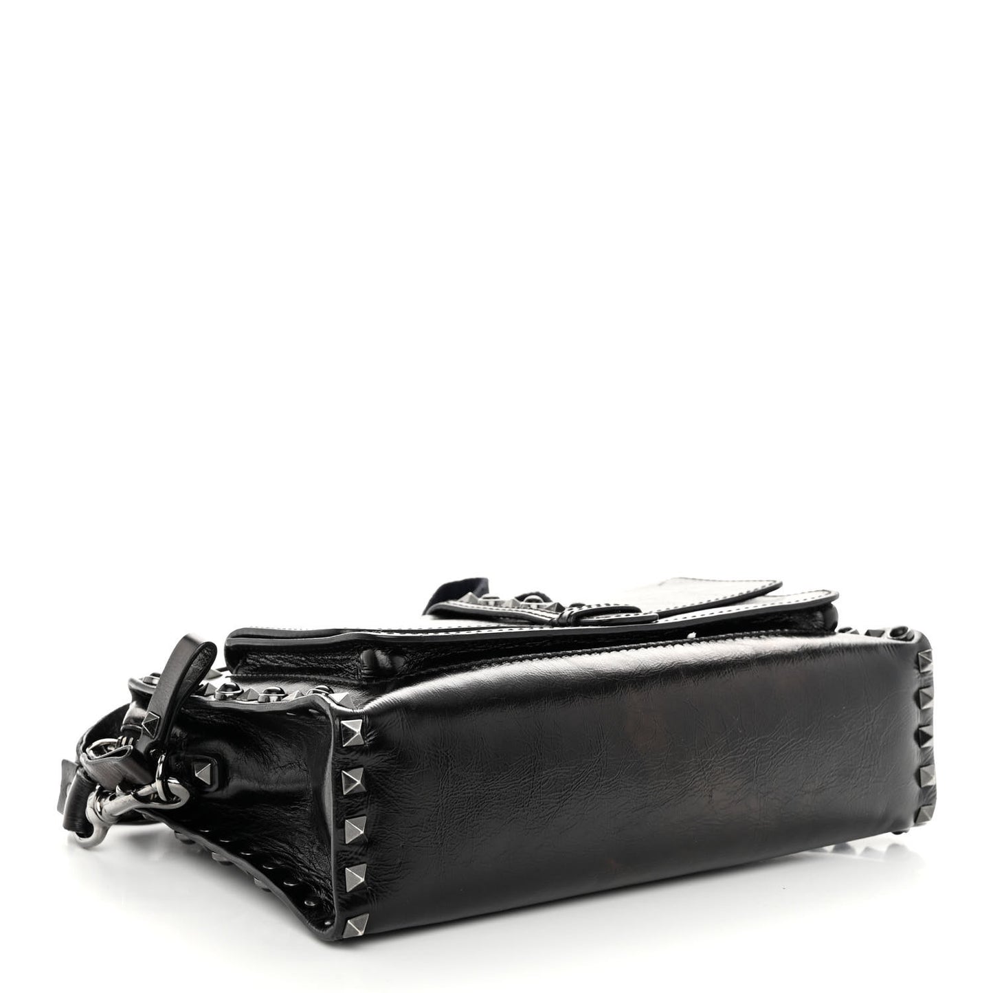 Craquele Calfskin Small Guitar Strap Rockstud Rolling Flap Pocket Shoulder Bag Black