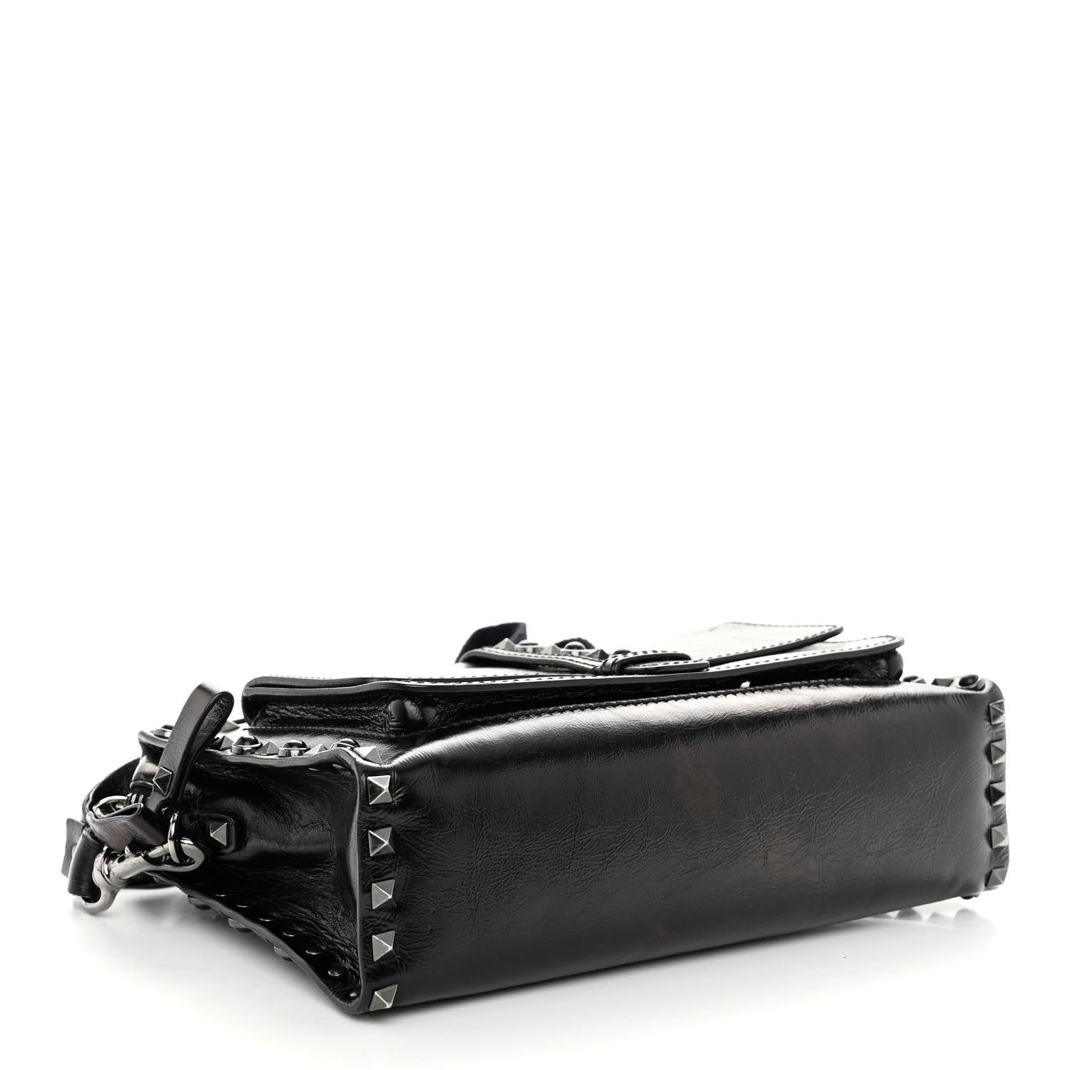 Valentino Garavani Craquele Calfskin Small Guitar Strap Rockstud Rolling Flap Pocket Shoulder Bag Black 4 of 12