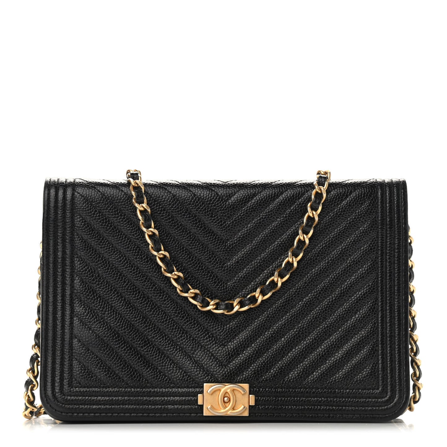 Caviar Chevron Quilted Boy Wallet On Chain WOC Black