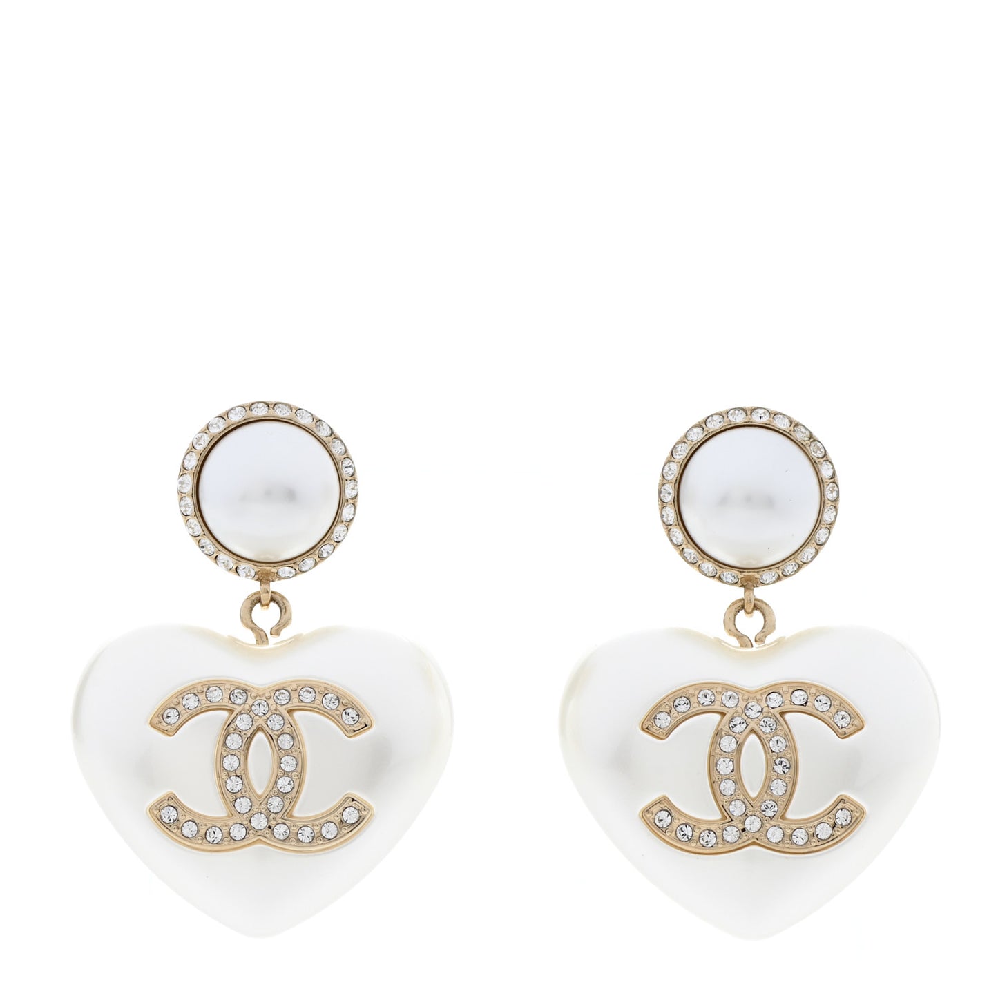 Pearl Crystal CC Heart Drop Earrings Gold