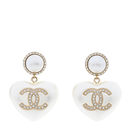 Chanel Pearl Crystal CC Heart Drop Earrings Gold 1 of 5