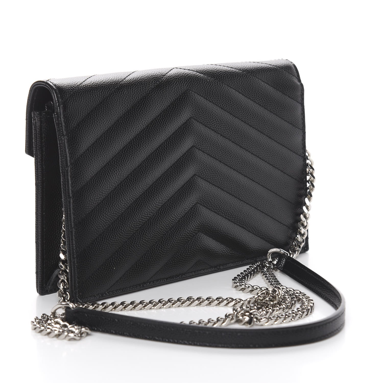 Saint Laurent Grain De Poudre Matelasse Chevron Monogram Envelope Chain Wallet Black 3 of 12